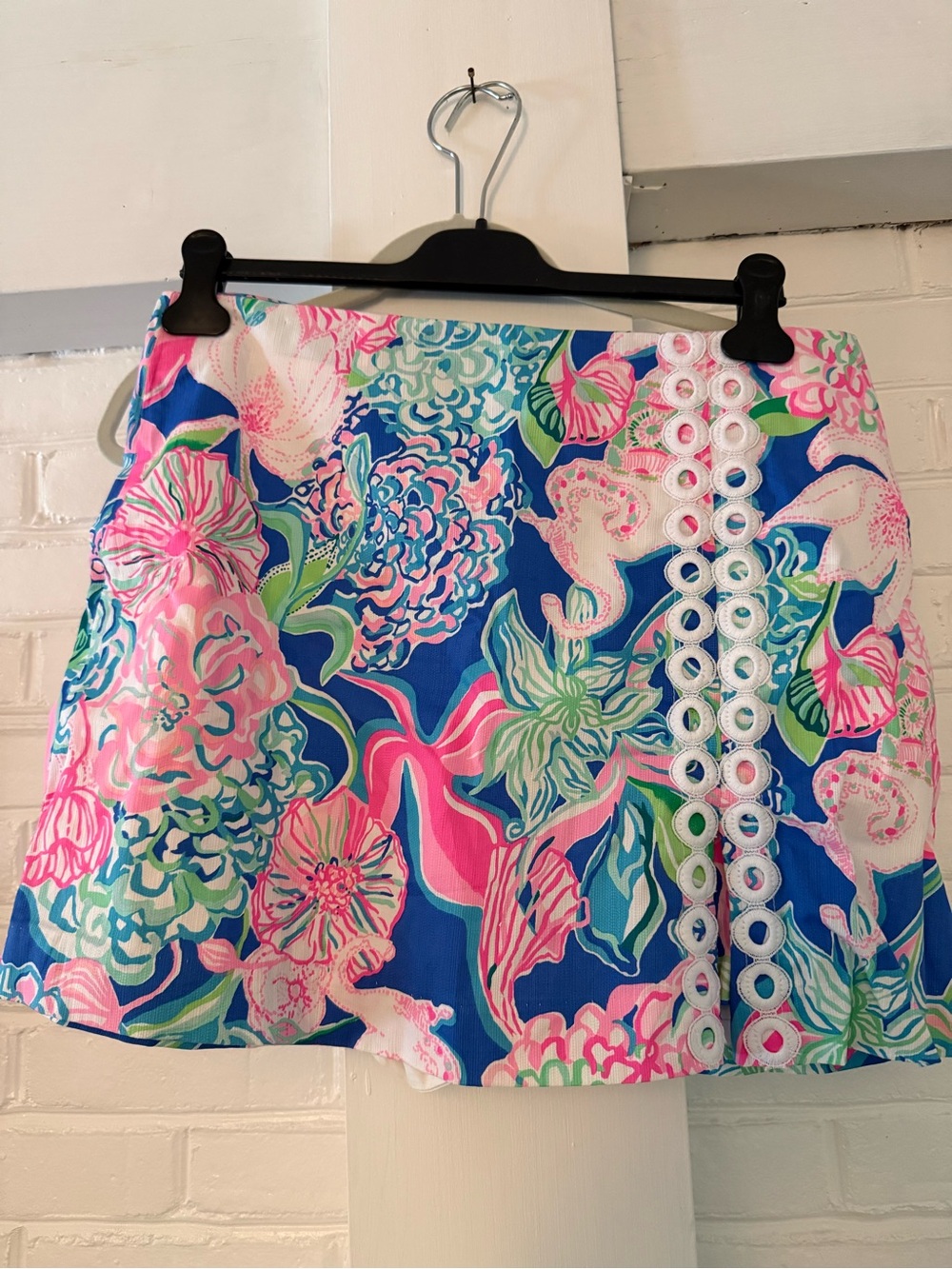 Lilly Pulitzer Blue Floral Mini Skirt with Pink & Green Motif